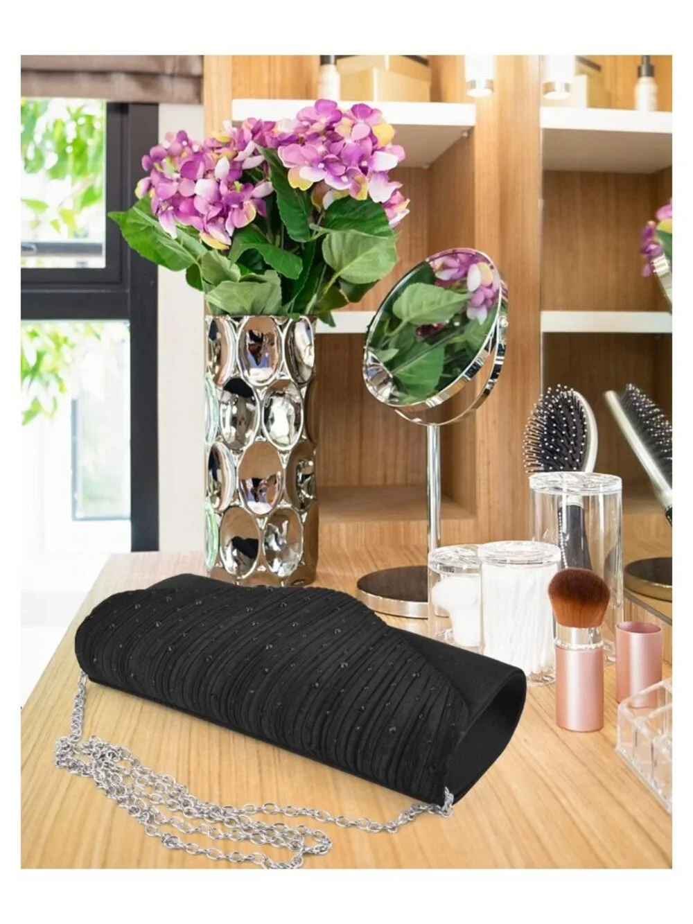 Satin Rhinestone Envelope Clutch Crossbody Evening Bag Detachable Chain